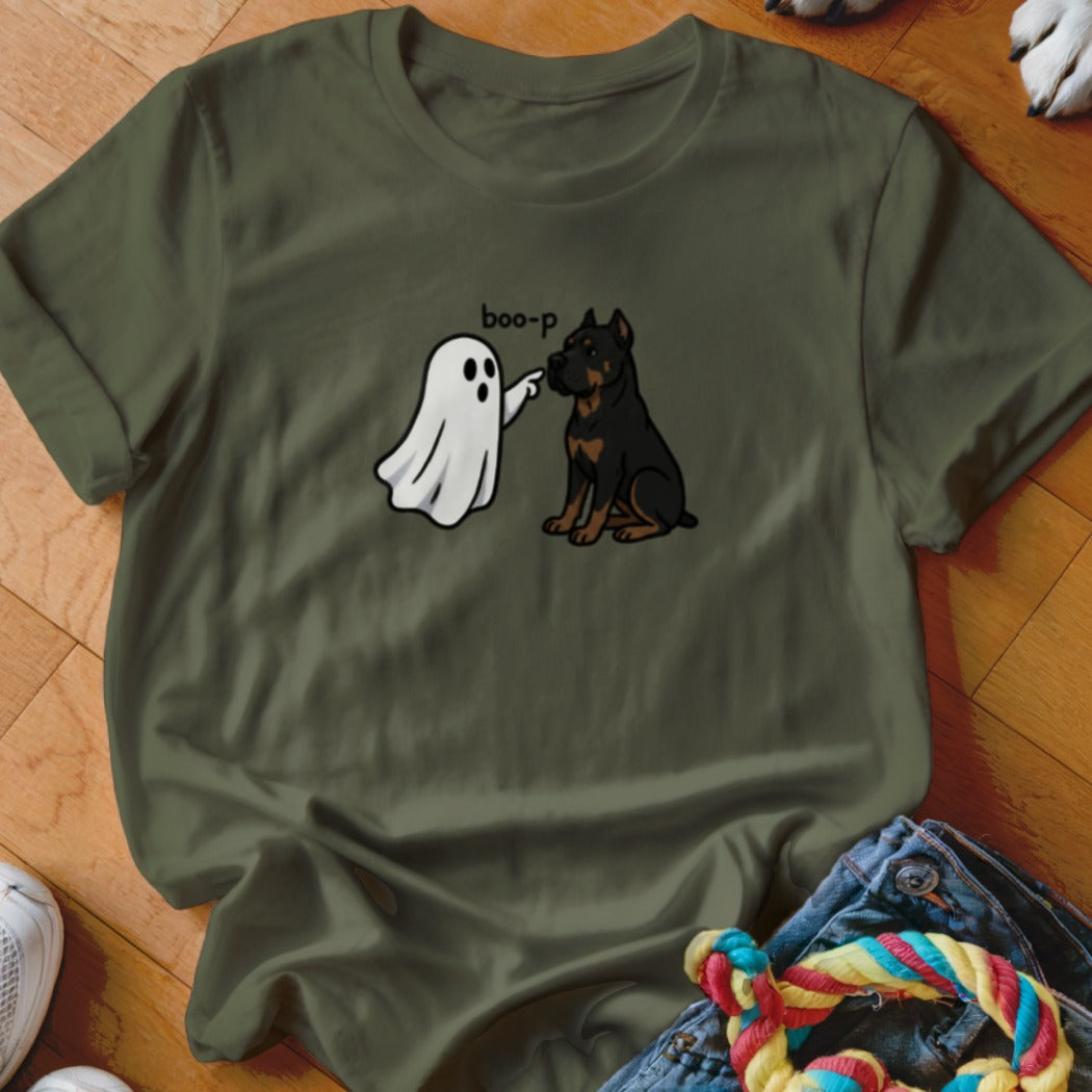 Ghost booping a Rottweiler with "boo-p" text on a green t-shirt.