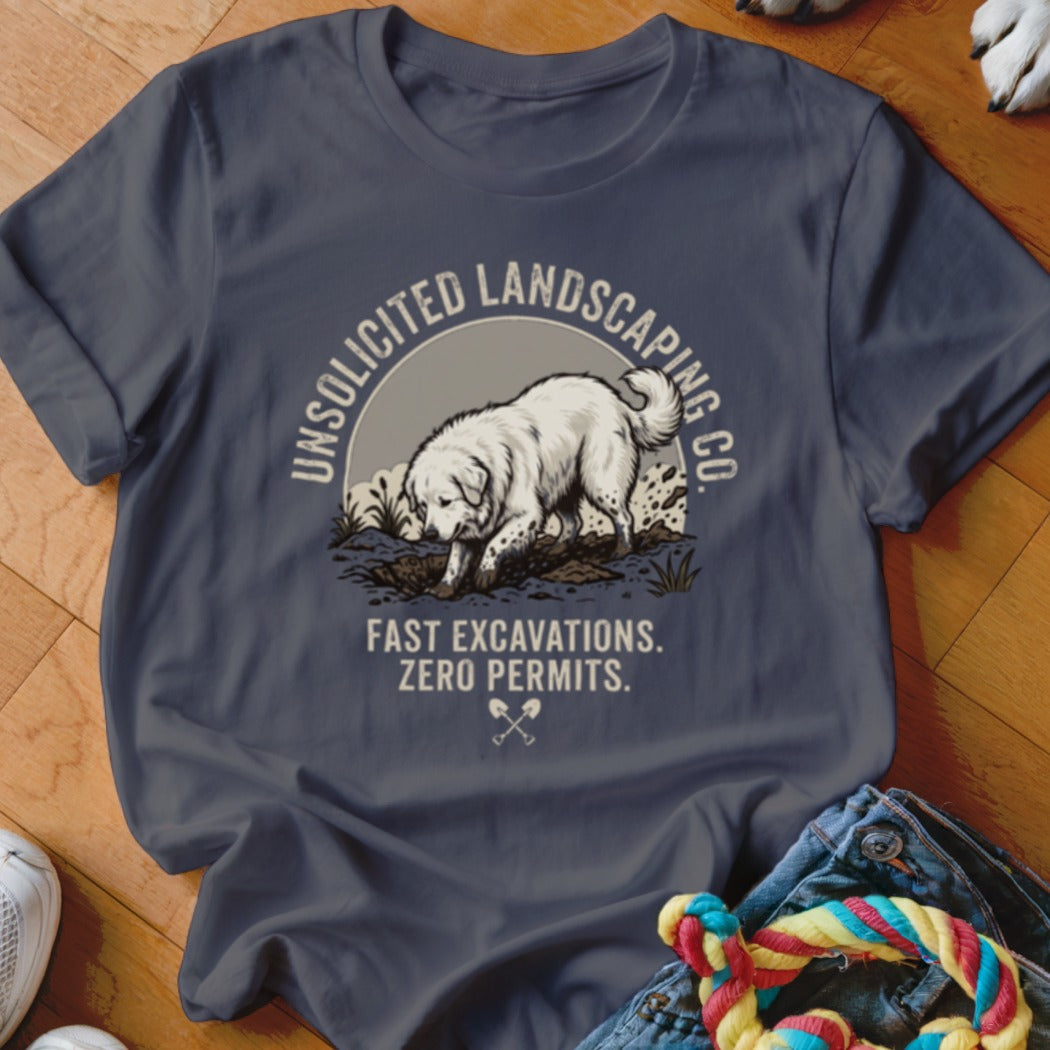 White dog digging dirt with text "Unsolicited Landscaping Co. Fast Excavations. Zero Permits."