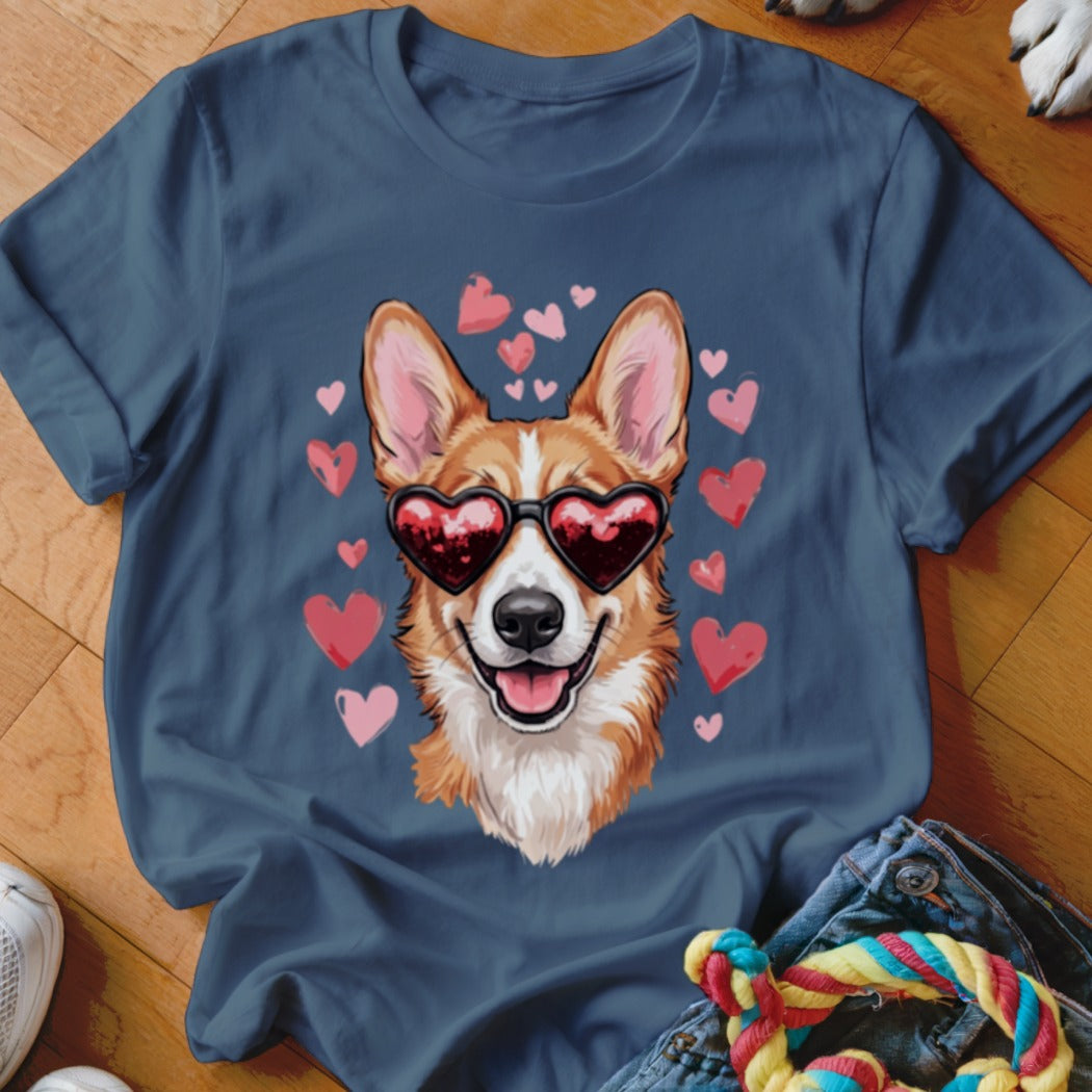 A dark blue t-shirt printed with a graphic of a corgi wearing heart-shaped sunglasses, surrounded by pink hearts.