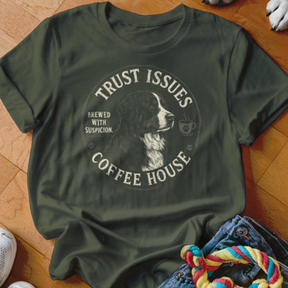 Dark green t-shirt with "Trust Issues Coffee House" graphic featuring a dog and coffee cup.