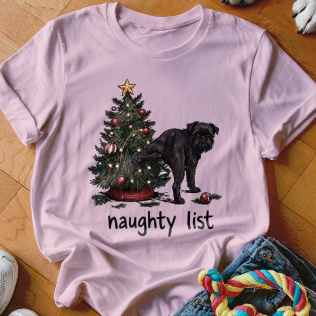 Black dog peeing on a Christmas tree, text "naughty list" below.