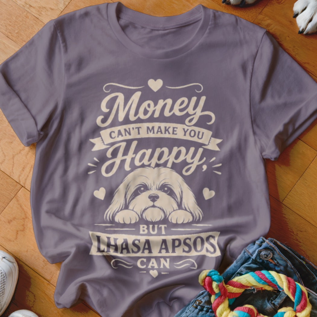 Purple t-shirt with text "Money can't make you happy, but Lhasa Apsos can" and dog illustration.