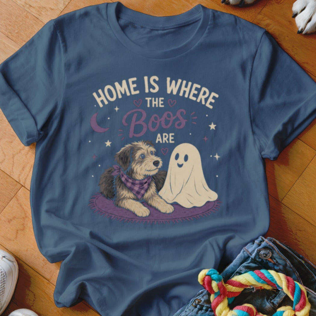 Dog with ghost on a rug, "Home is where the boos are" text