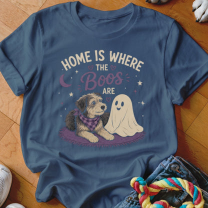 Dog with ghost on a rug, "Home is where the boos are" text