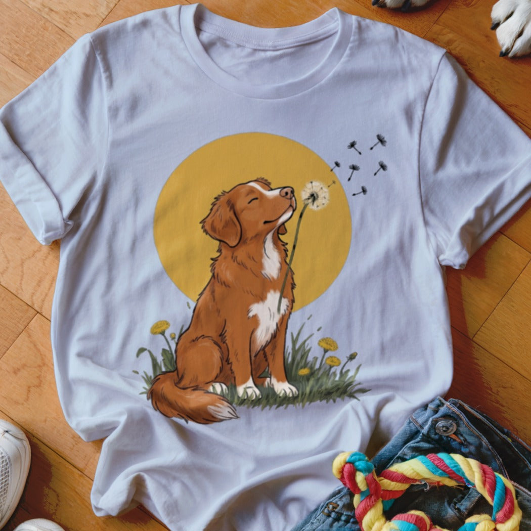 White short-sleeve t-shirt featuring a graphic of a brown dog blowing a dandelion seed head.