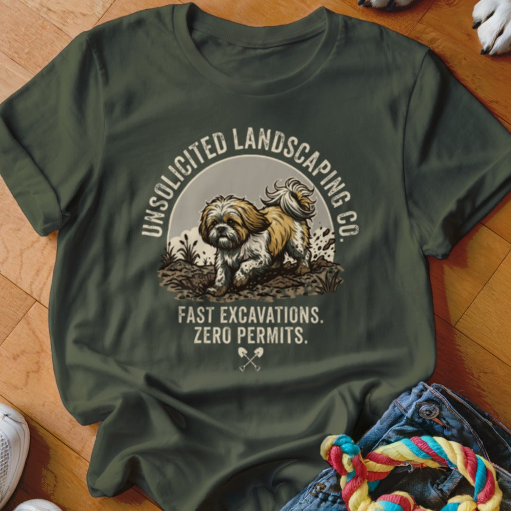 Shih Tzu digging in dirt with text "Unsolicited Landscaping Co." and "Fast Excavations. Zero Permits."