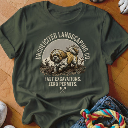 Shih Tzu digging in dirt with text "Unsolicited Landscaping Co." and "Fast Excavations. Zero Permits."