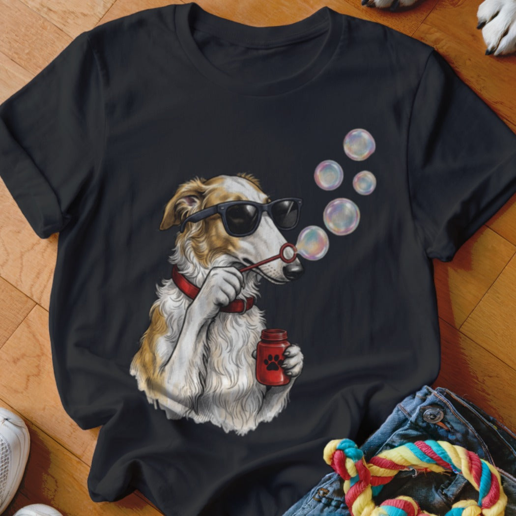 Black crewneck t-shirt featuring a graphic of a dog in sunglasses blowing bubbles.