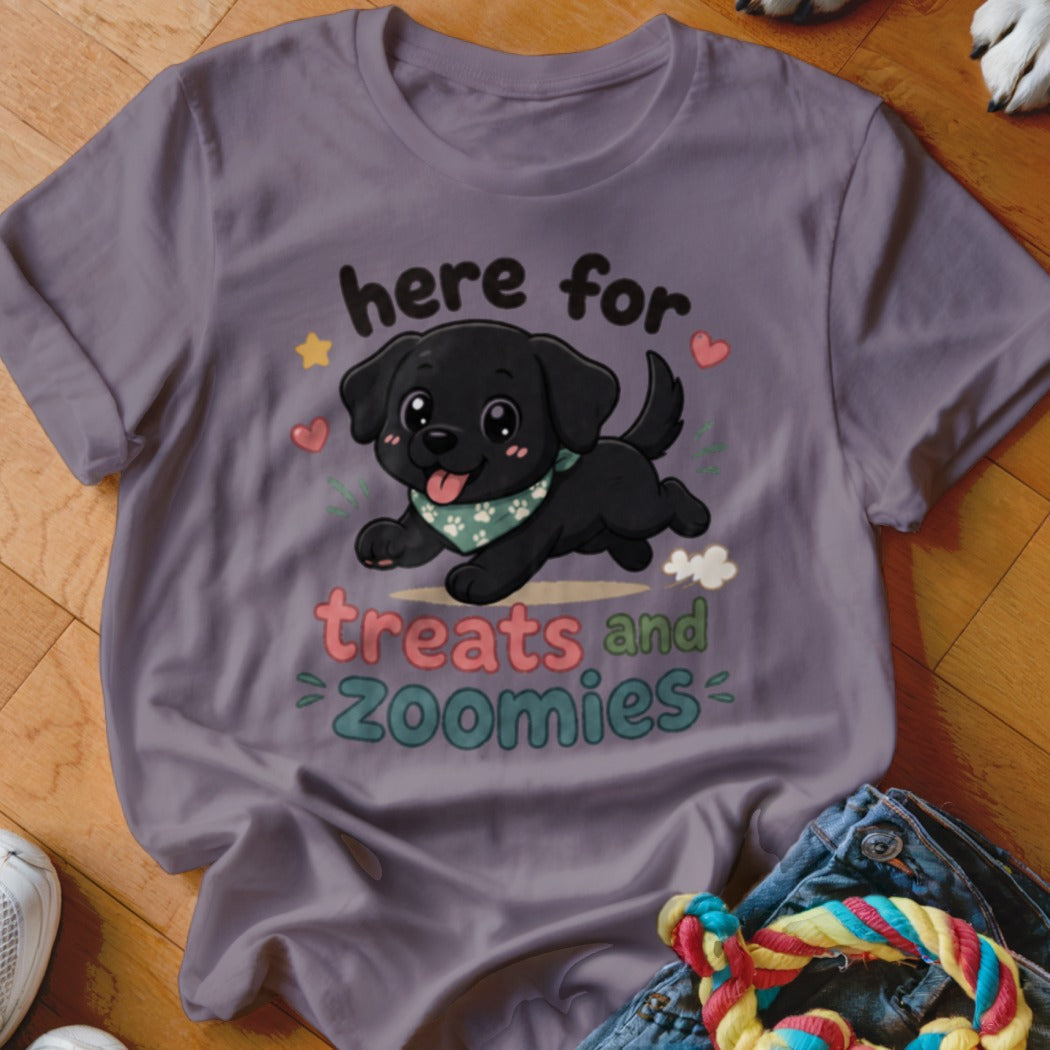 T-shirt with black puppy wearing bandana, text "here for treats and zoomies".