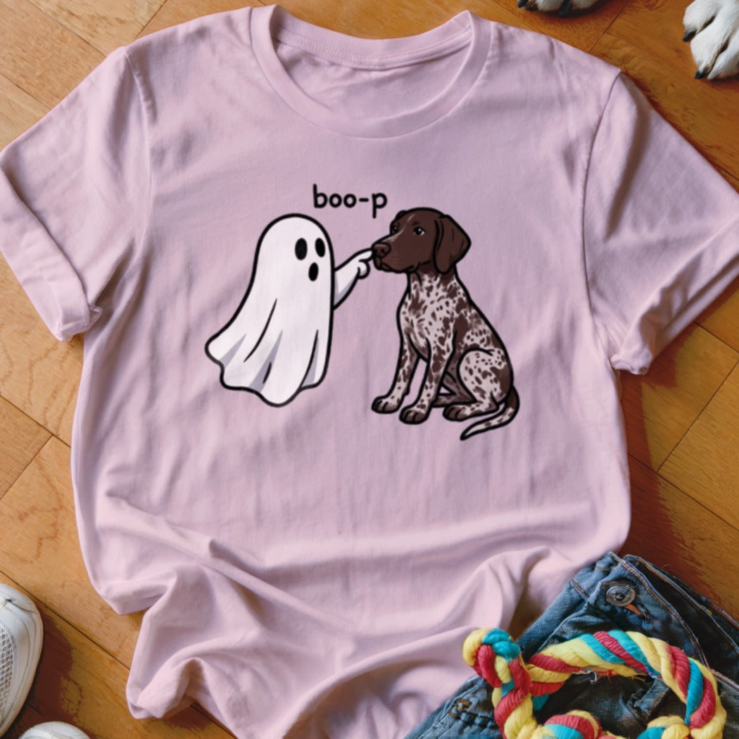 Pink t-shirt with a cartoon ghost booping a German Shorthaired Pointer dog, text says "boo-p".