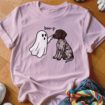 Pink t-shirt with a cartoon ghost booping a German Shorthaired Pointer dog, text says "boo-p".