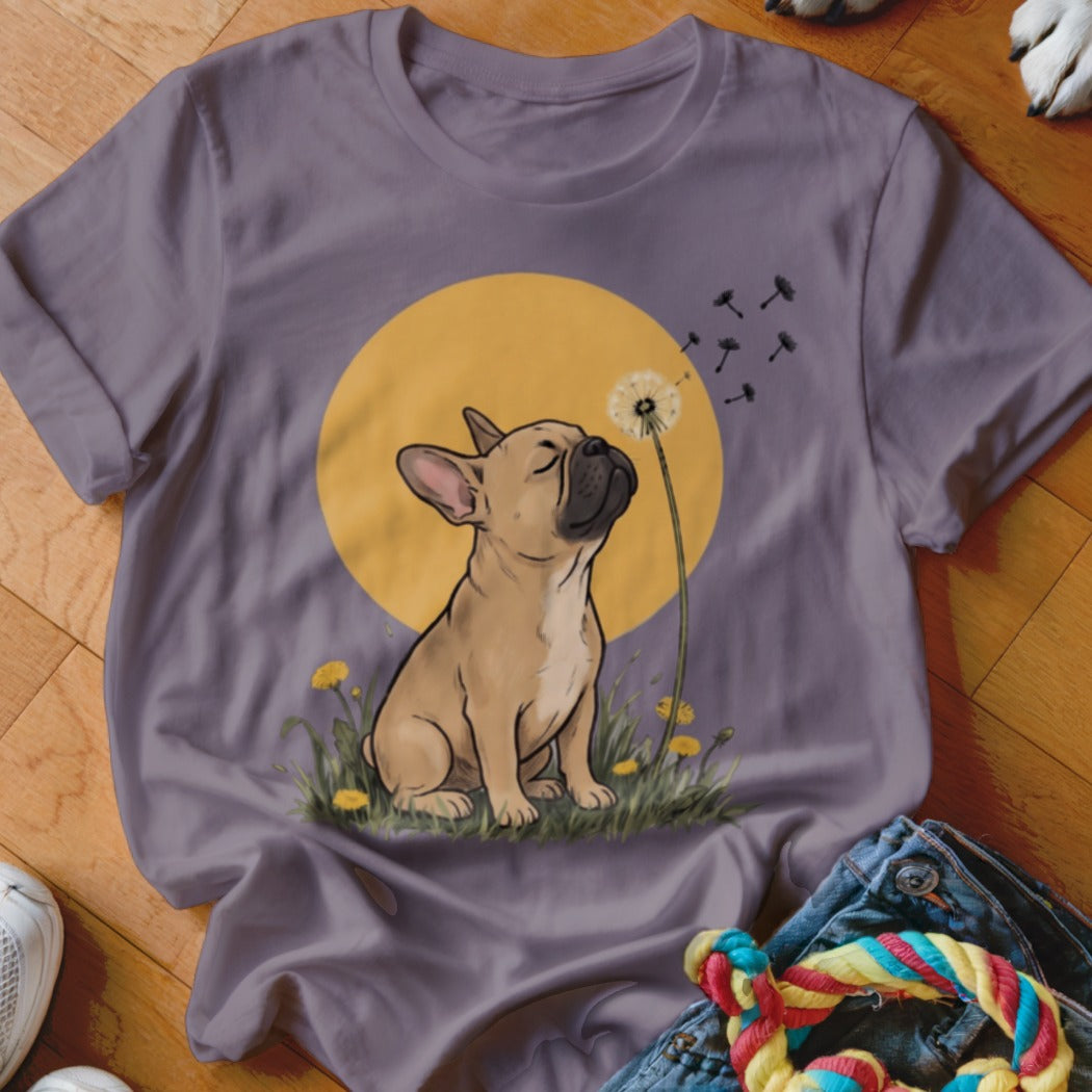 Purple t-shirt featuring an illustration of a French bulldog blowing dandelion seeds against a yellow sun.