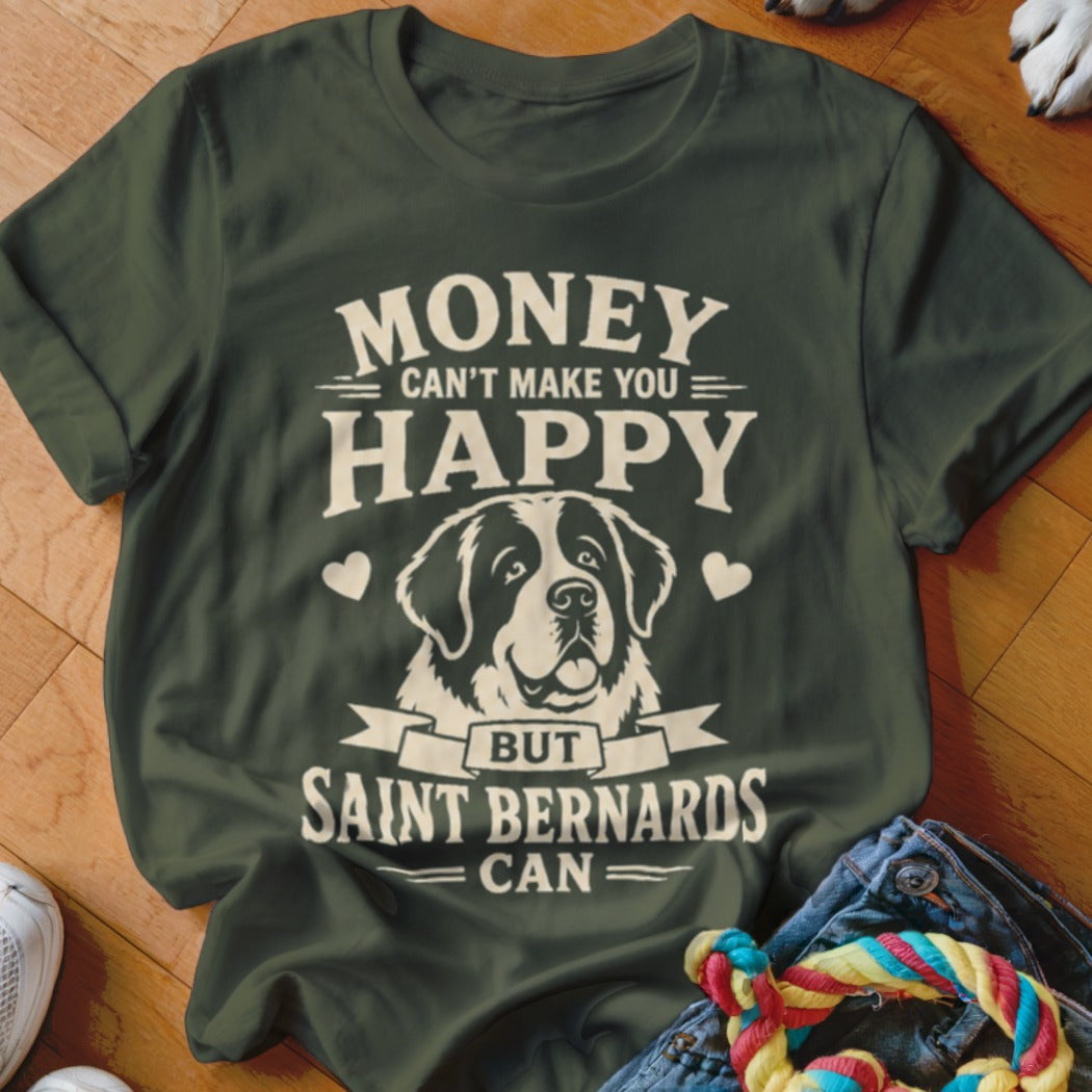 Green t-shirt with Saint Bernard graphic and text: "Money Can't Make You Happy But Saint Bernards Can".