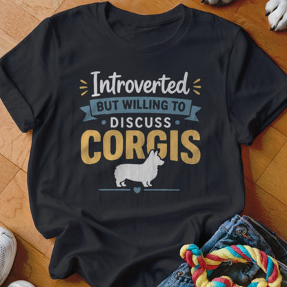 Black t-shirt with text "Introverted but willing to discuss corgis" and a corgi silhouette.