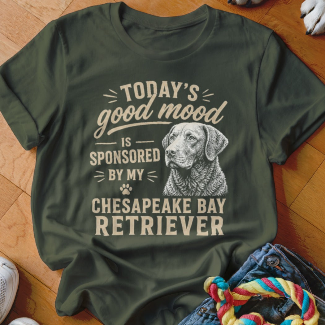 T-shirt with "Today's good mood is sponsored by my Chesapeake Bay Retriever" text and dog illustration.