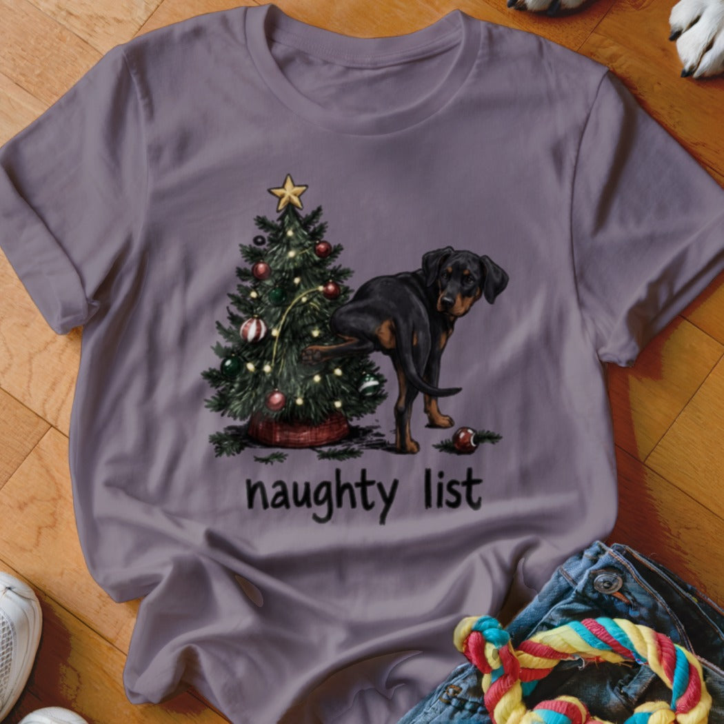 Rottweiler next to a Christmas tree with text "naughty list" below.