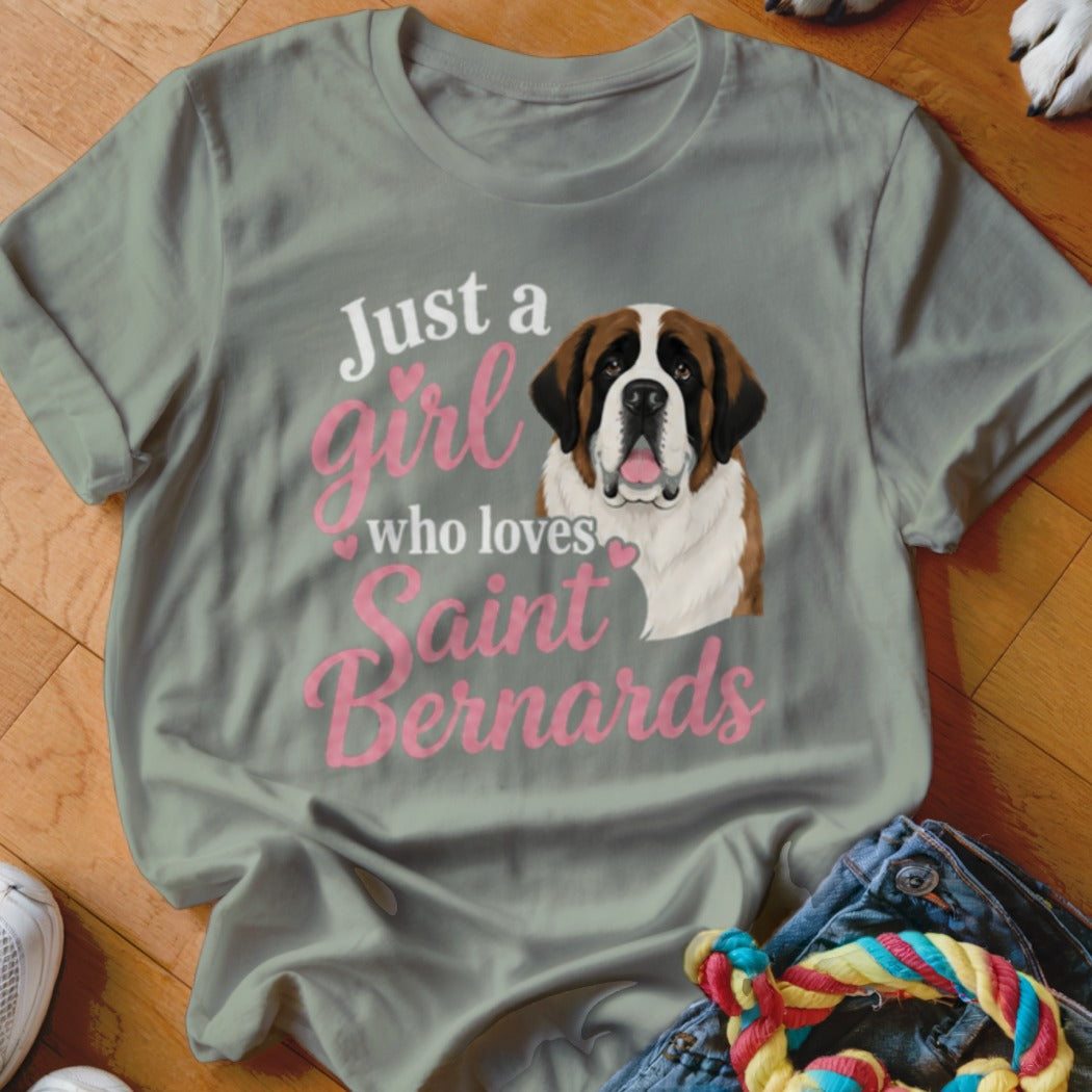 Gray t-shirt with "Just a girl who loves Saint Bernards" text and a Saint Bernard dog illustration.