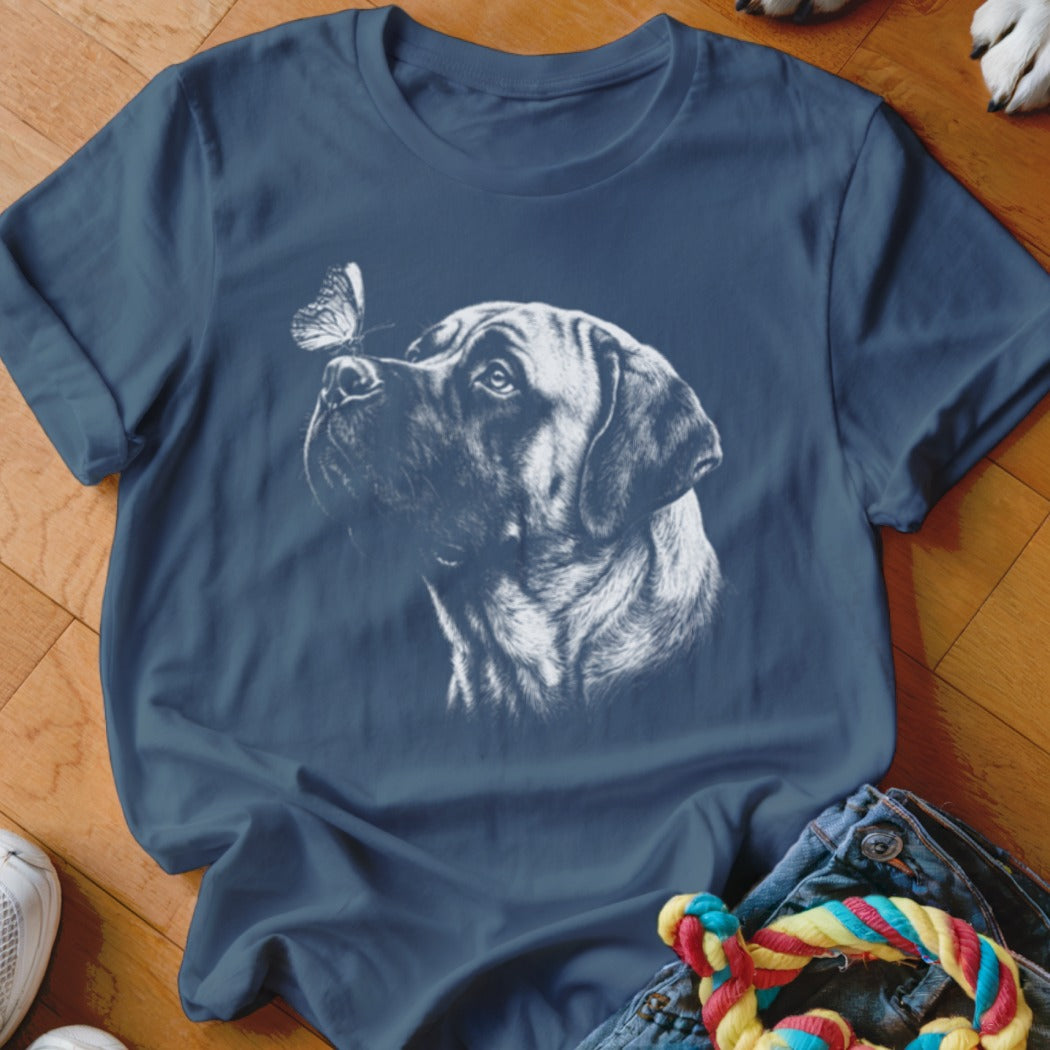 Dark blue t-shirt featuring a white graphic of a mastiff dog with a butterfly on its nose.
