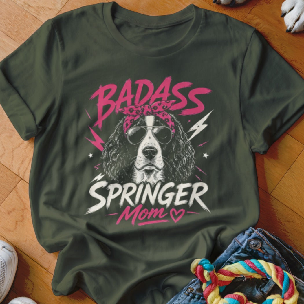 Springer Mom graphic with dog wearing bandana and sunglasses on green t-shirt.