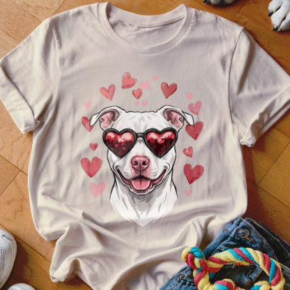 A beige crewneck t-shirt featuring a graphic of a smiling white pitbull wearing heart-shaped sunglasses surrounded by pink hearts.
