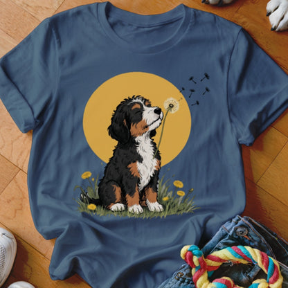 Blue t-shirt featuring a graphic of a Bernese Mountain Dog puppy blowing a dandelion against a yellow circle.