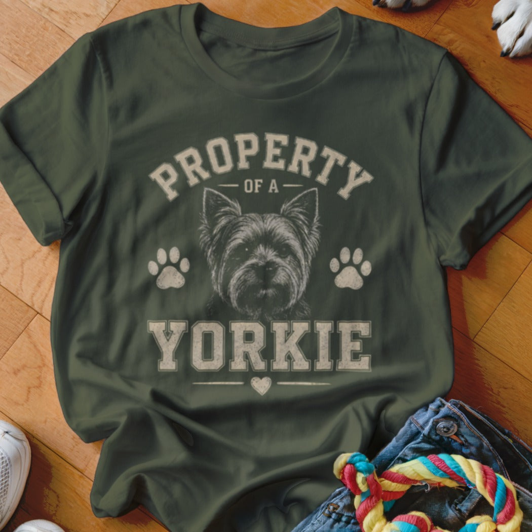 Green t-shirt with "PROPERTY OF A YORKIE" text and dog graphic.