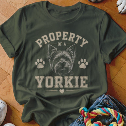 Green t-shirt with "PROPERTY OF A YORKIE" text and dog graphic.