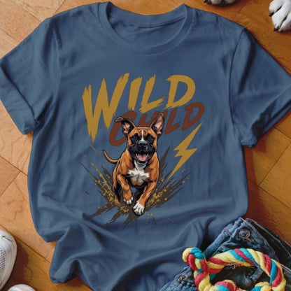A dark blue t-shirt featuring a graphic of a running boxer dog and the text Wild Child.