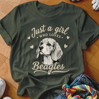 Dark green t-shirt featuring a beagle sketch and the text "Just a girl who loves Beagles."