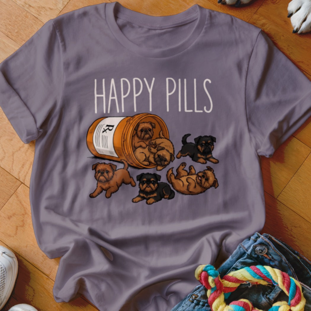 Purple t-shirt with "Happy Pills" text and puppies spilling from a prescription bottle.