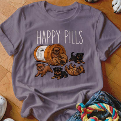 Purple t-shirt with "Happy Pills" text and puppies spilling from a prescription bottle.