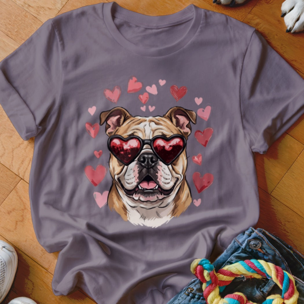A gray t-shirt featuring a bulldog wearing heart-shaped sunglasses, surrounded by floating pink hearts.