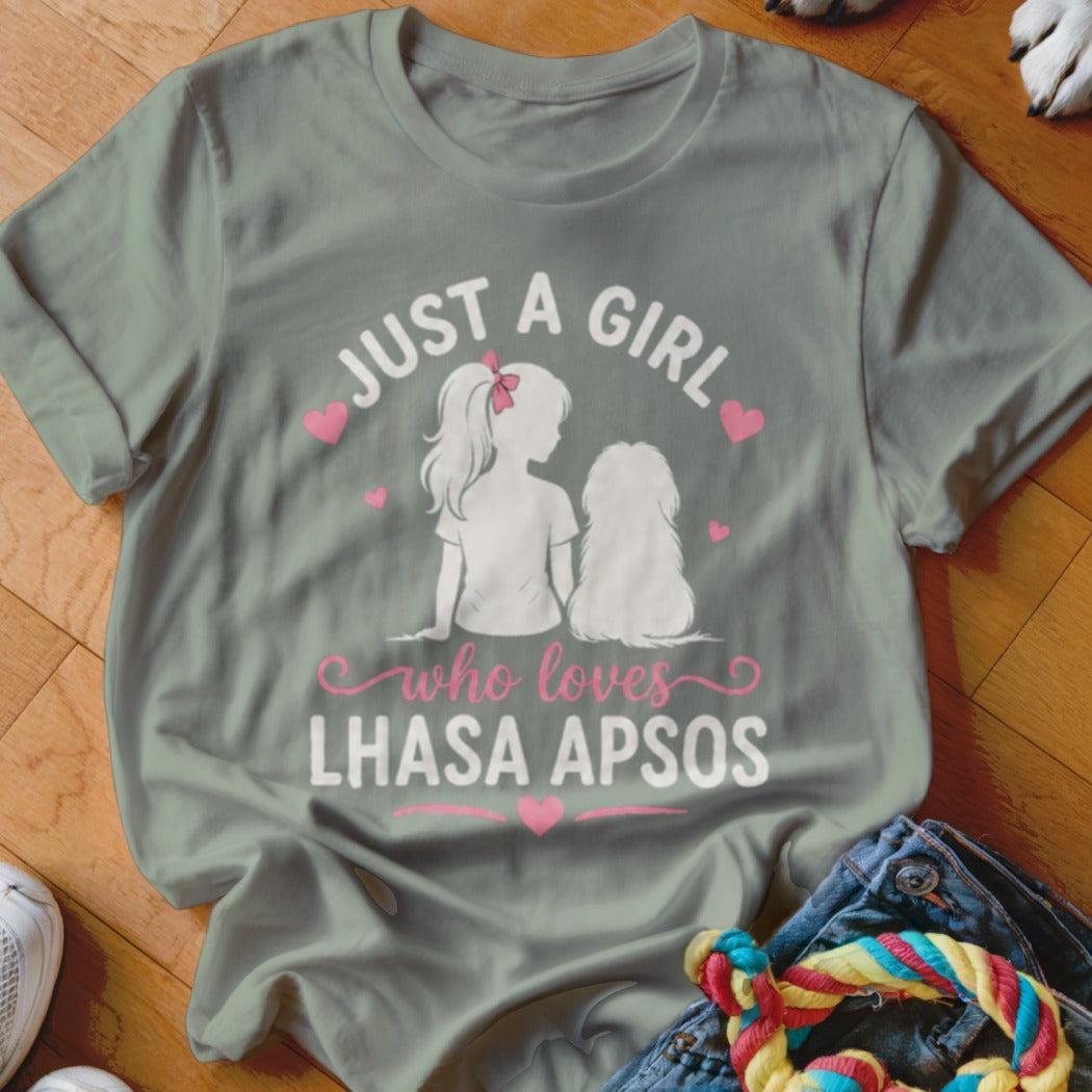 Grey t-shirt with "Just a girl who loves Lhasa Apsos" text and graphics.