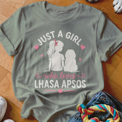 Grey t-shirt with "Just a girl who loves Lhasa Apsos" text and graphics.