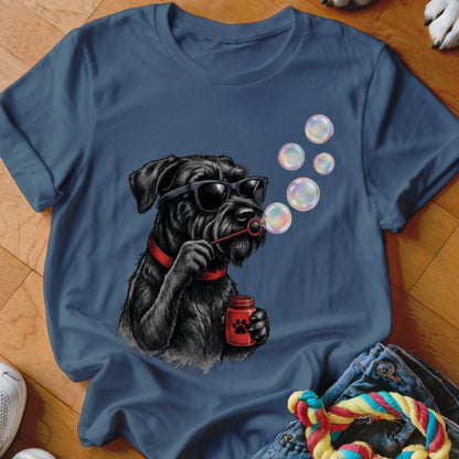 A blue crewneck t-shirt featuring a graphic of a black dog wearing sunglasses and blowing bubbles.