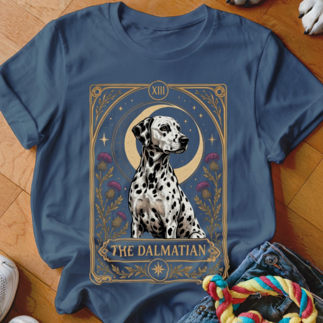 Dark blue t-shirt featuring a tarot card graphic of a Dalmatian dog with flowers and the moon.