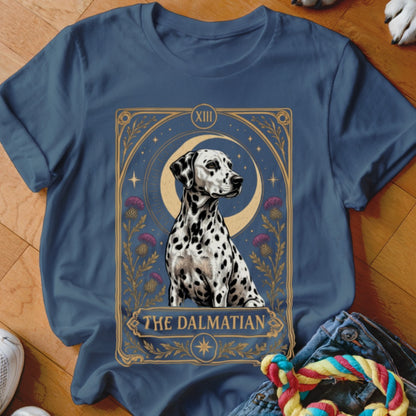 Dark blue t-shirt featuring a tarot card graphic of a Dalmatian dog with flowers and the moon.