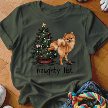 Pomeranian dog near a Christmas tree with text "naughty list"