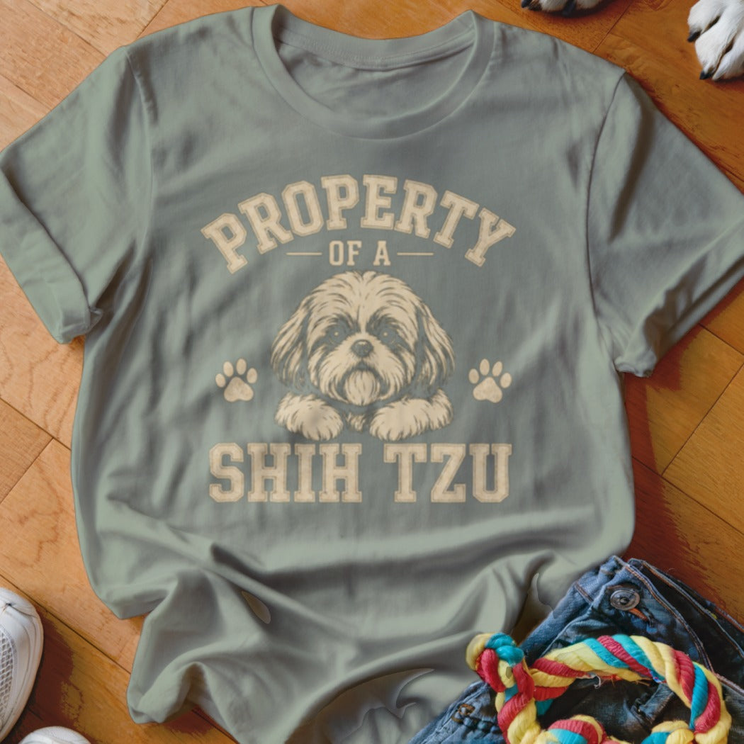 T-shirt with Shih Tzu dog graphic and "Property of a Shih Tzu" text.