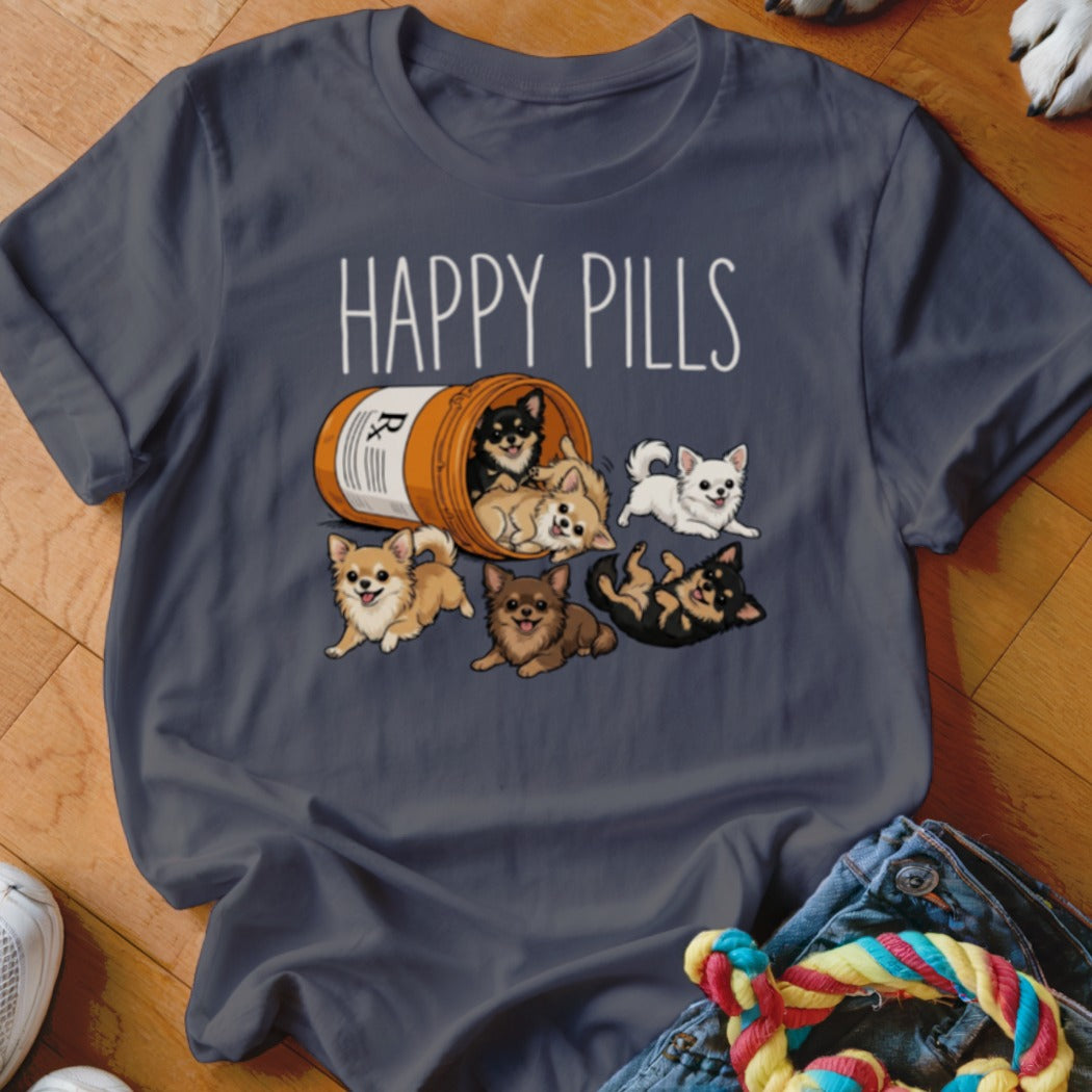 T-shirt with "HAPPY PILLS" text and cartoon Chihuahuas spilling from a pill bottle.