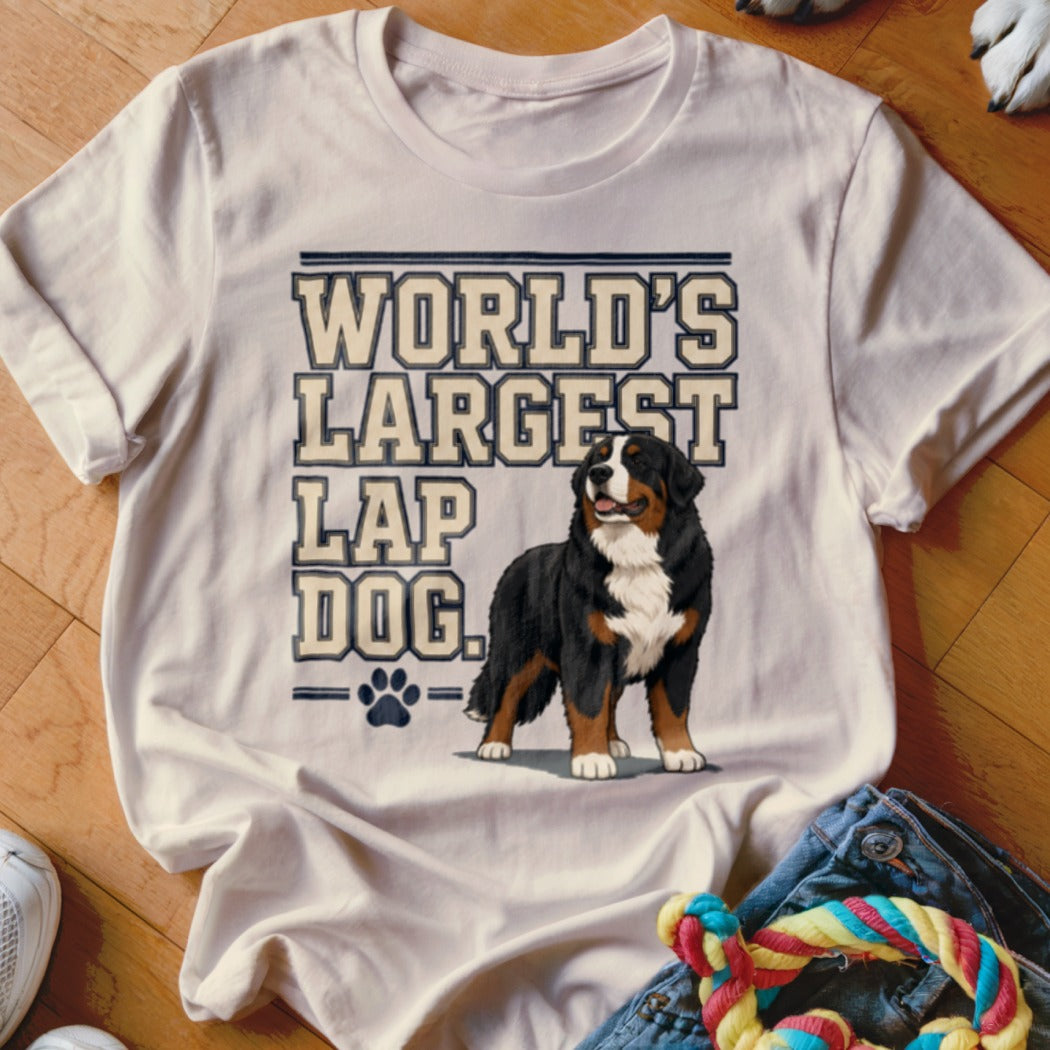 White t-shirt with "WORLD'S LARGEST LAP DOG" text and Bernese Mountain Dog illustration.
