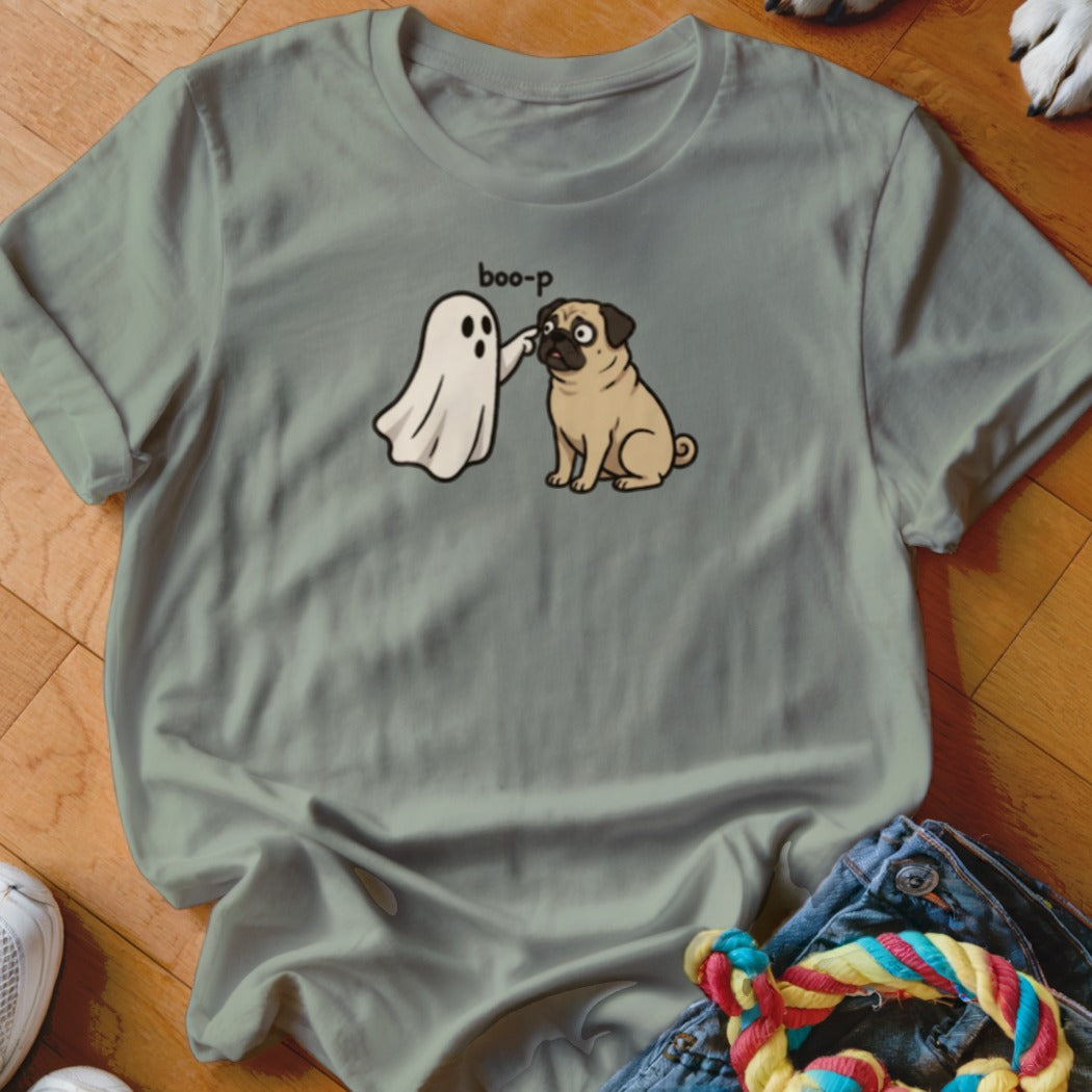 Ghost booping a surprised pug with "boo-p" text on a gray t-shirt.