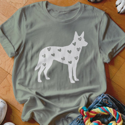 Grey t-shirt with white dog silhouette filled with small grey hearts.