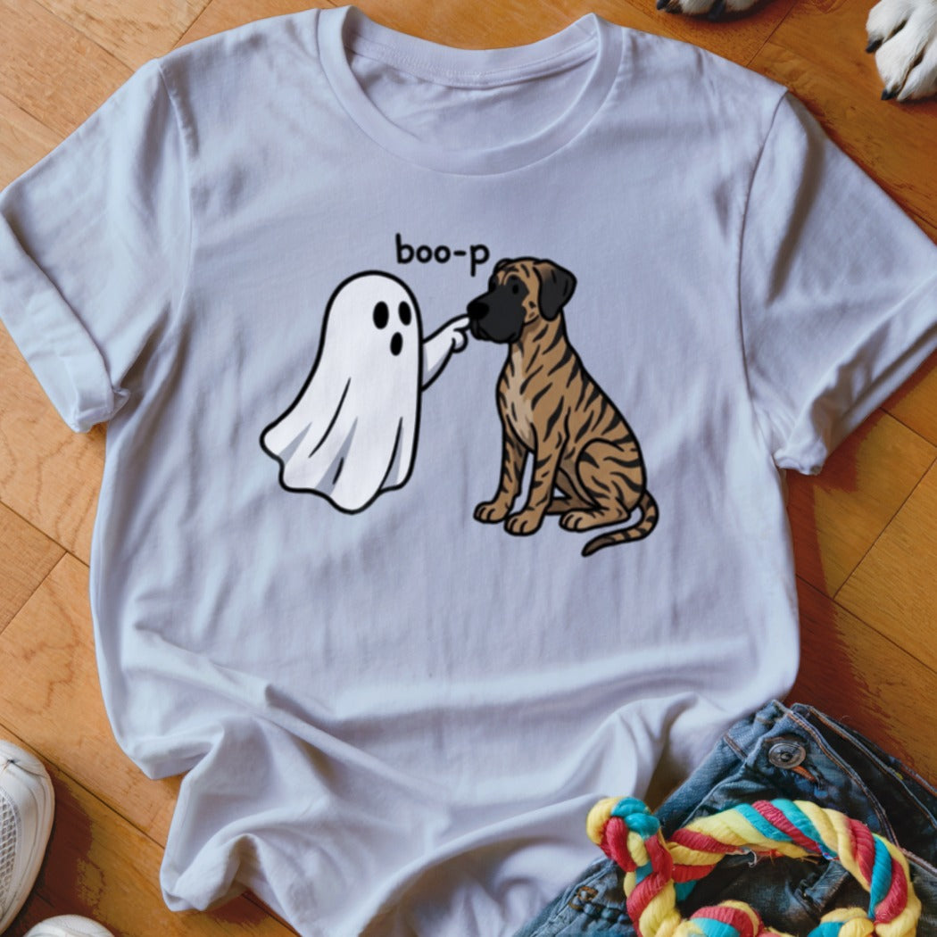 White t-shirt graphic of a ghost booping a dog with text "boo-p".