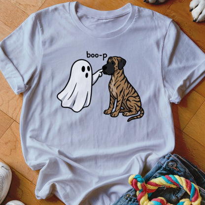 White t-shirt graphic of a ghost booping a dog with text "boo-p".