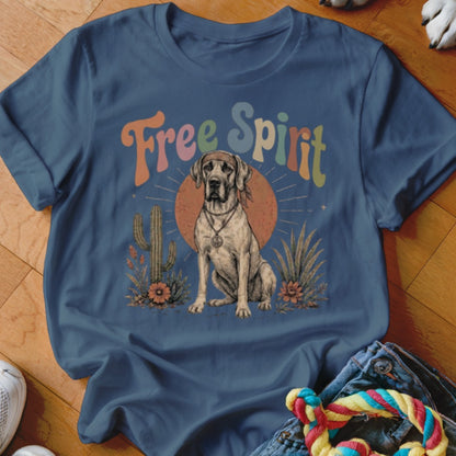Great Dane wearing bandana and peace necklace with text Free Spirit and desert scene.