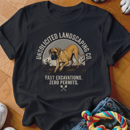 T-shirt graphic with a dog and text "Unsolicited Landscaping Co. Fast Excavations. Zero Permits."