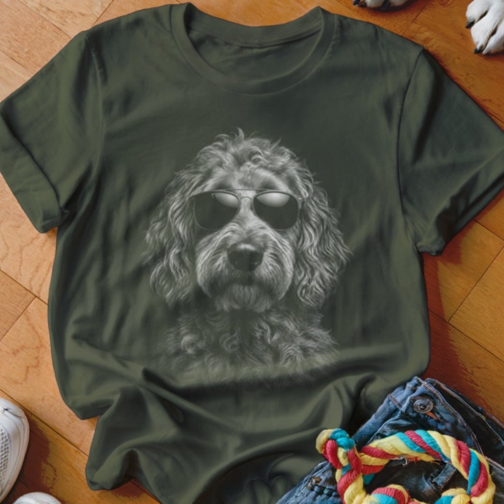 Goldendoodle in Aviators Shirt - The Pawsitive Initiative