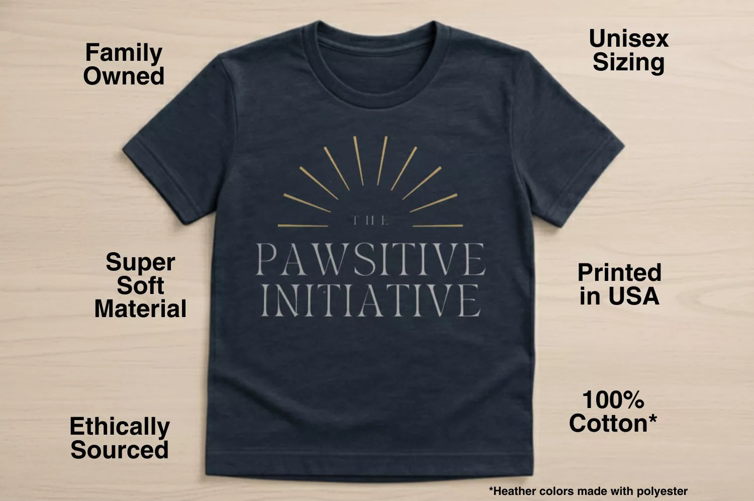 Navy t-shirt with 'The PAWSITIVE Initiative' text on a beige background with feature text.